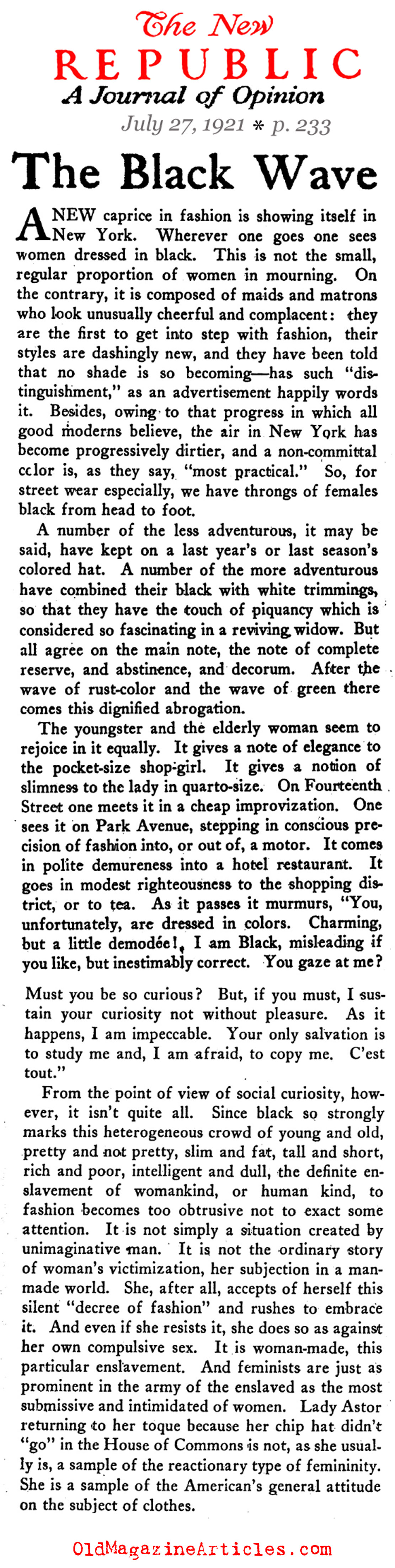 The Black Dress Arrives (The New Republic, 1921)